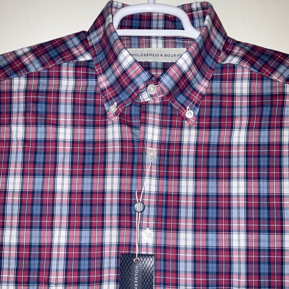 HOLDERNESS & BOURNE THE ANDREWS SHIRT RED BLUE PLAID STRETCH COTTON SIZE L NWT